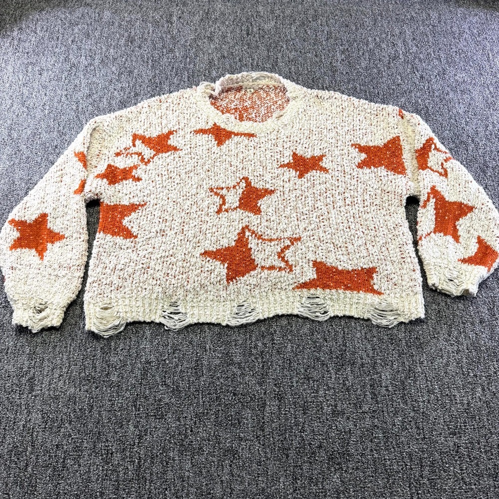 POL Sweater Womens S Beige Orange Star Distressed Grunge Knit Pullover Outdoor